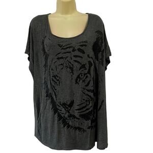 Free Kisses Plus Size 2X Oversized Gray Knit Tunic with Tiger and shredded Back